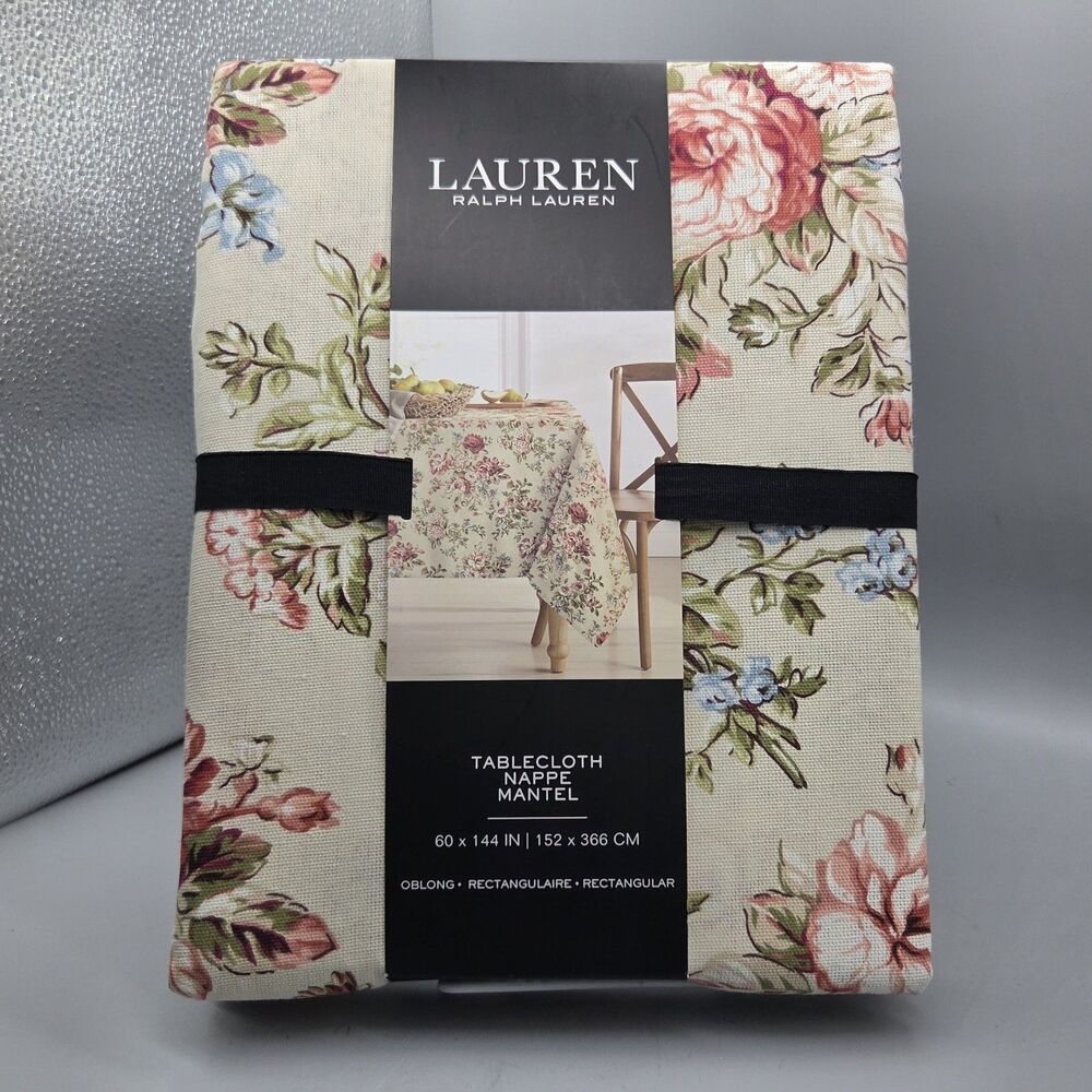 Ralph Lauren Cream w/Floral Oblong Tablecloth 60 X 144 NEW 100% Cotton